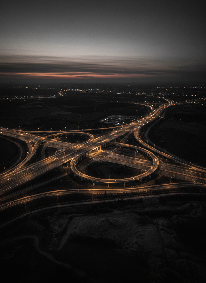 Cinematic dark aerial photograph of a national highway and interchange at dusk with a subtle gold light glow