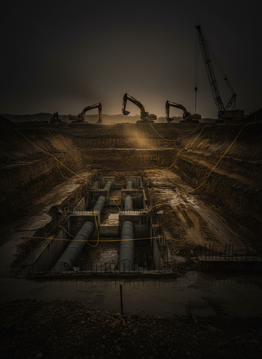 Moody dark photograph of civil engineering earthworks and foundations with subtle gold rim light