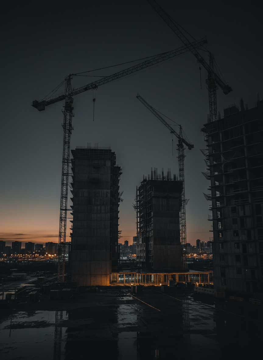 Dramatic dark photograph of a modern urban construction site and skyline with cranes under a black sky